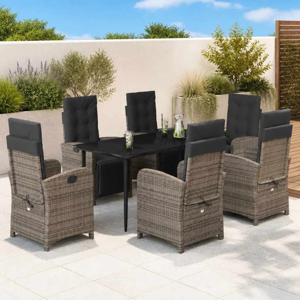 7 Piece Garden Dining Set with Cushions Adjustable Backrest Grey Poly Rattan Outdoor Furniture