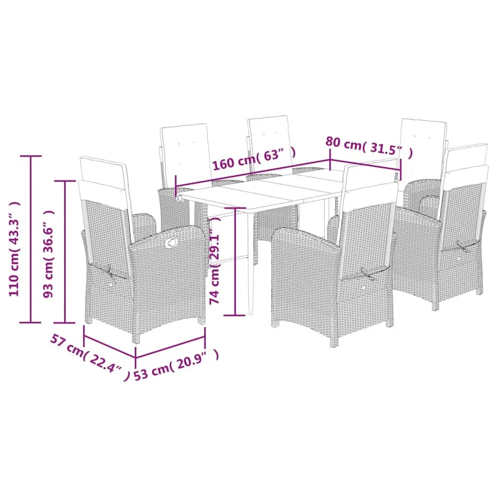 7 Piece Garden Dining Set with Cushions Adjustable Backrest Grey Poly Rattan Outdoor Furniture
