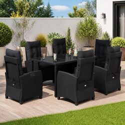 Outdoor Dining Set 7 Piece Garden Furniture with Cushions Black Poly Rattan