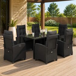 Garden Dining Set 7 Piece Outdoor Patio Furniture Black Poly Rattan Table Chairs