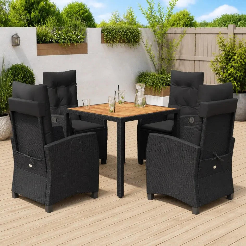 Garden Dining Set 5 Piece Outdoor Furniture Adjustable Backrest Black PE Rattan with Acacia Wood Table and Cushions