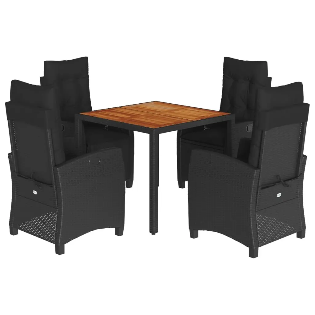 Garden Dining Set 5 Piece Outdoor Furniture Adjustable Backrest Black PE Rattan with Acacia Wood Table and Cushions