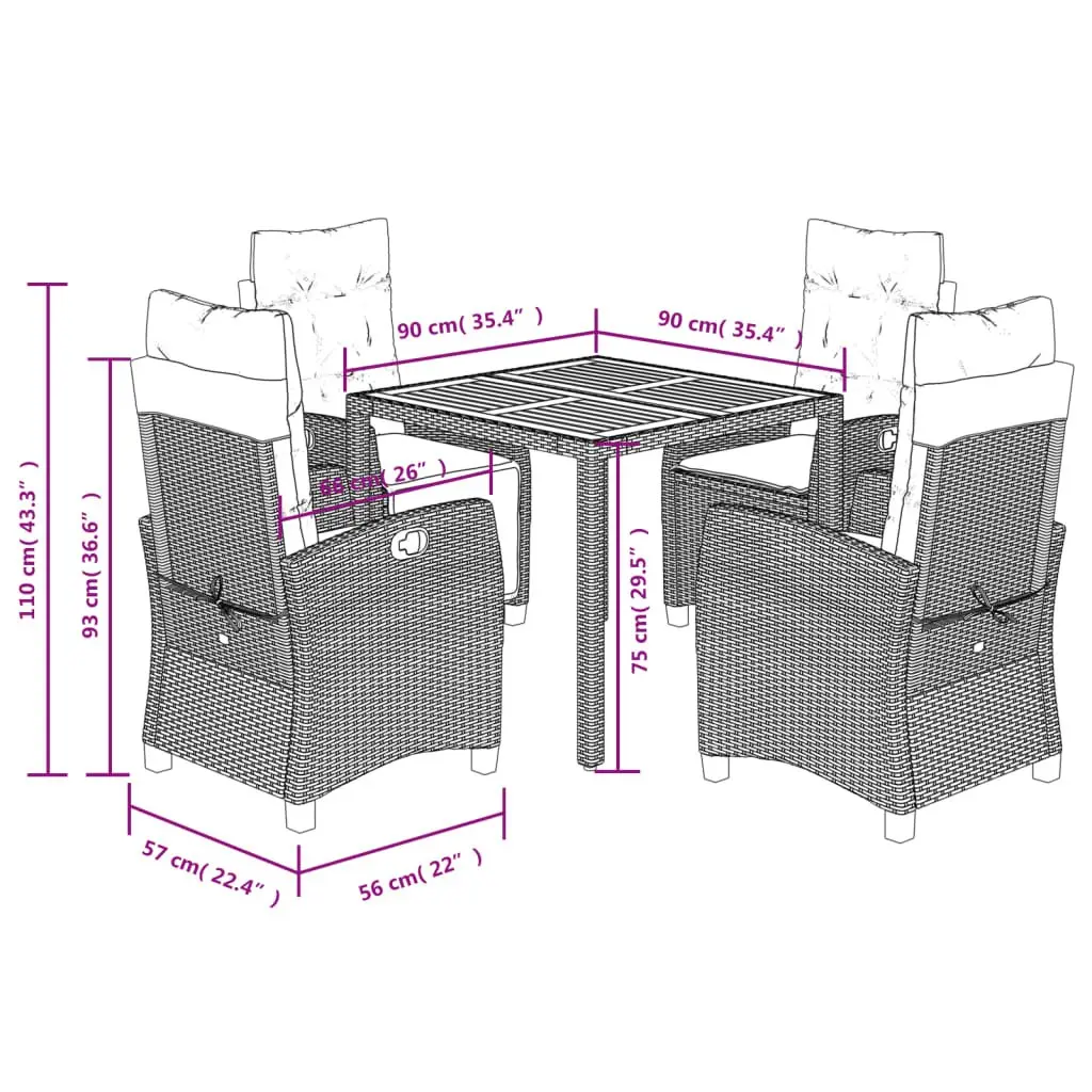 Garden Dining Set 5 Piece Outdoor Furniture Adjustable Backrest Black PE Rattan with Acacia Wood Table and Cushions