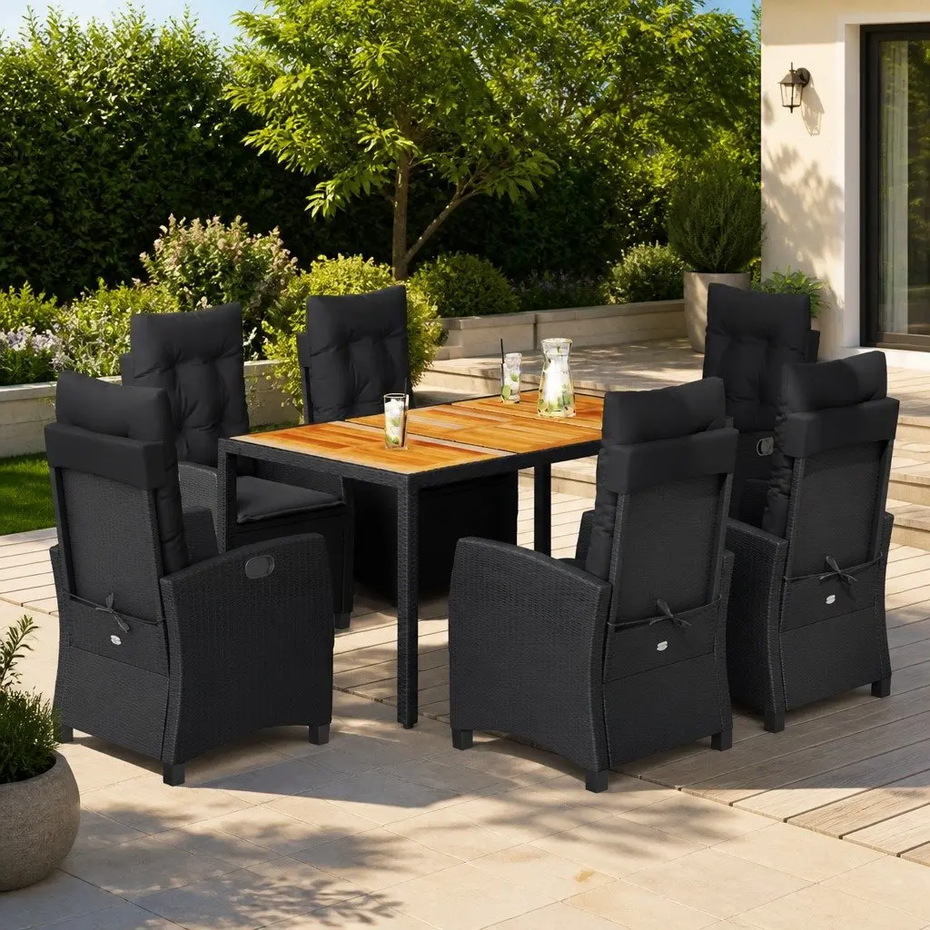 Outdoor Dining Set 7 Piece Black Poly Rattan Garden Furniture with Cushions