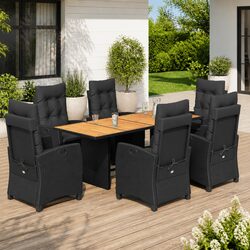 Outdoor Garden Dining Set 7 Piece Black PE Rattan Chairs Table Cushions