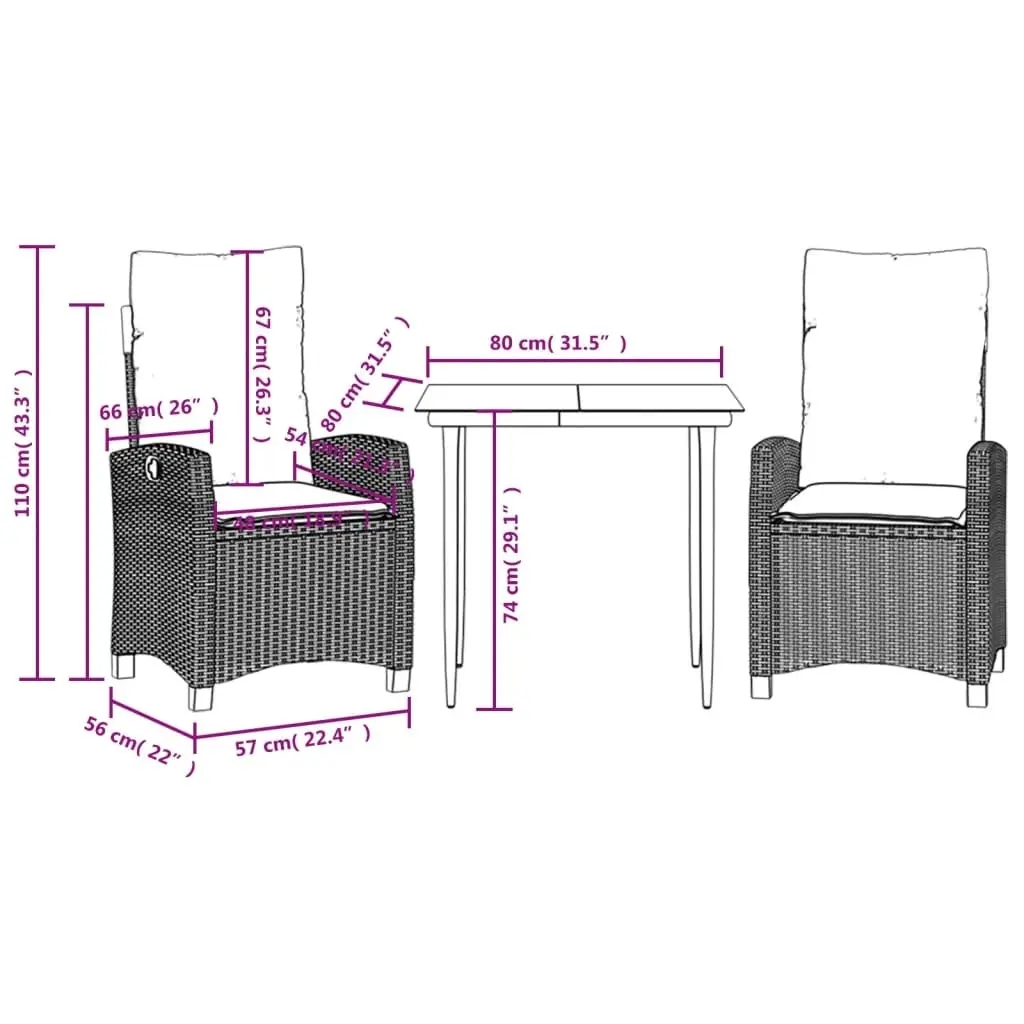 Outdoor Dining Set 3 Piece Garden Furniture Black Poly Rattan Chairs Table
