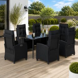 Outdoor Garden Dining Set 7 Piece Black Poly Rattan Furniture with Cushions