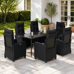7 Piece Outdoor Garden Dining Set Black PE Rattan Chairs Table Cushions