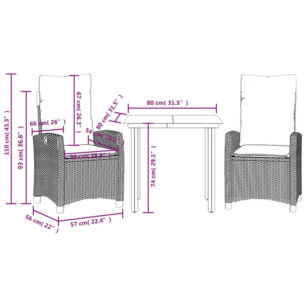 Garden Dining Set 3 Piece Outdoor Furniture Black Poly Rattan Adjustable