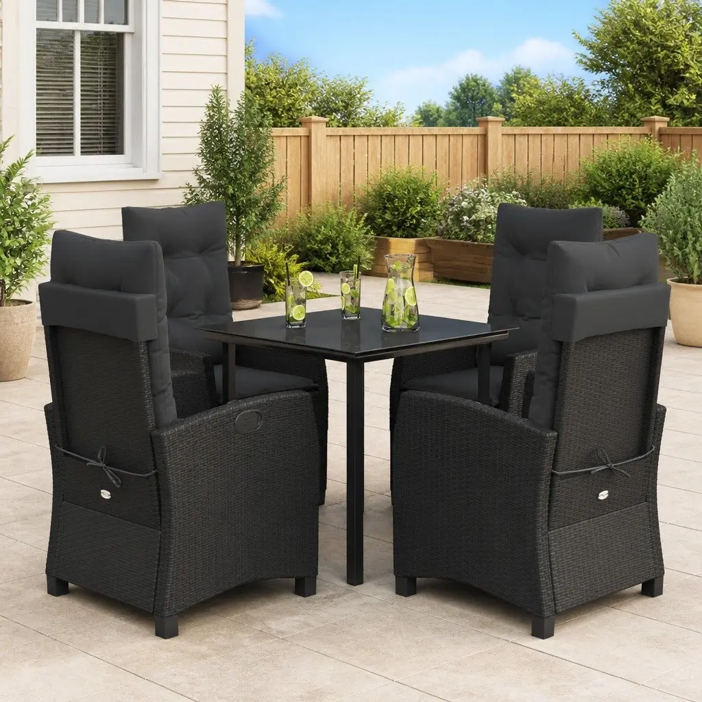 Outdoor Dining Set 5 Piece Garden Furniture Black PE Poly Rattan with Cushions