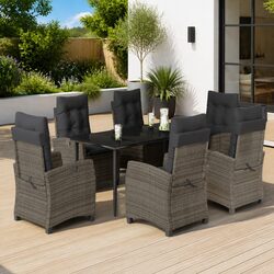 Outdoor Garden Dining Set 7 Piece Grey Poly Rattan Chairs Table with Cushions