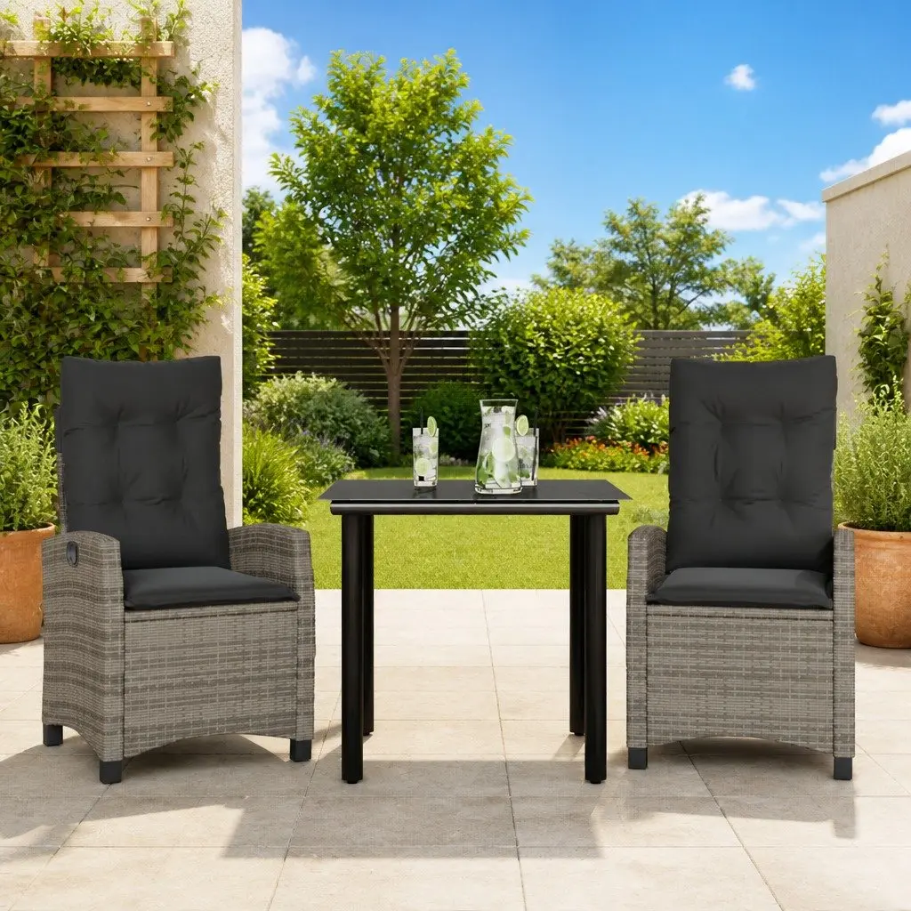 Outdoor Dining Set 3 Piece Garden Furniture Grey Poly Rattan Table Chairs