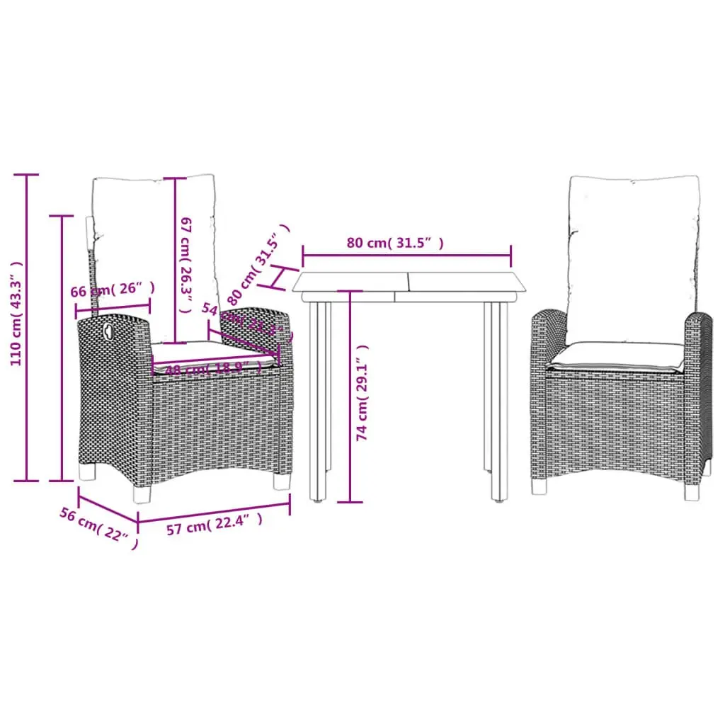 Outdoor Dining Set 3 Piece Garden Furniture Grey Poly Rattan Table Chairs