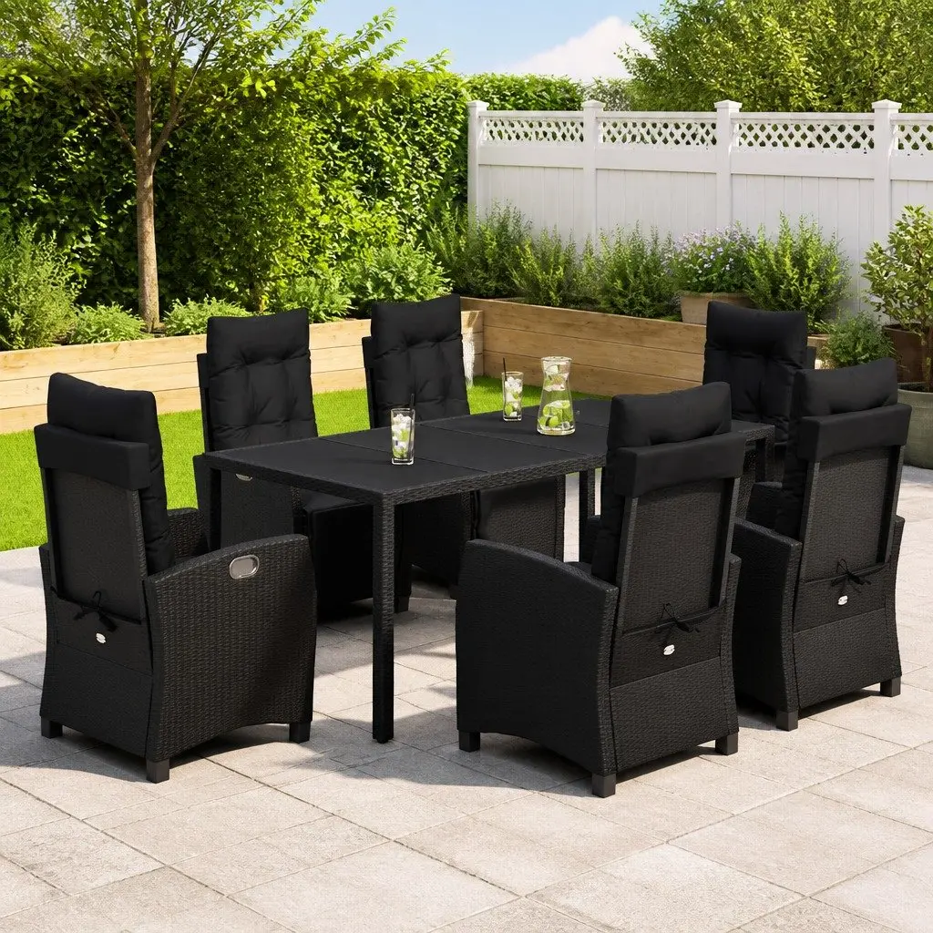 7 Piece Garden Dining Set Outdoor Furniture Cushions Black Poly Rattan