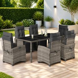7 Piece Outdoor Garden Dining Set Grey Poly Rattan Table Chairs Cushions Patio