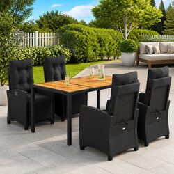 5 Piece Outdoor Garden Dining Set Black Poly Rattan Chair Table Cushions