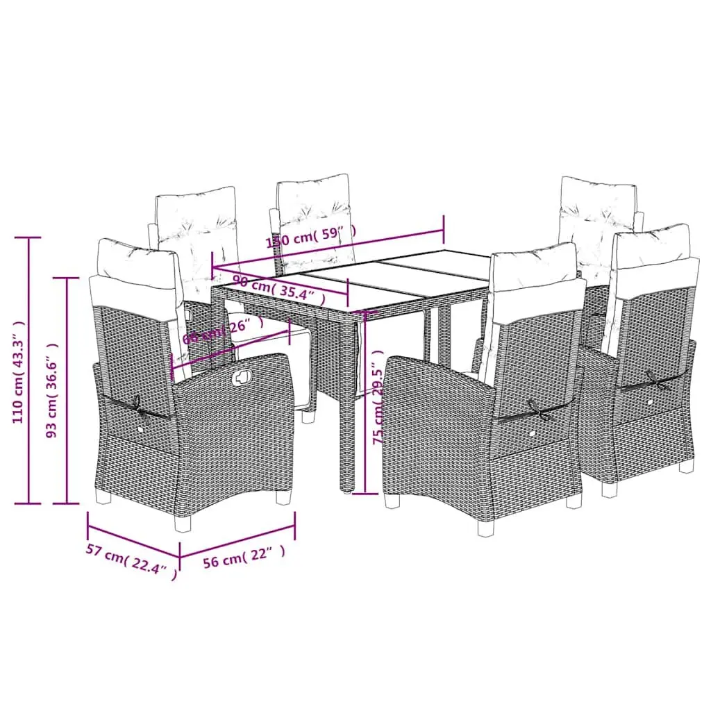 7 Piece Outdoor Garden Dining Set Black Poly Rattan Chairs Table Cushions