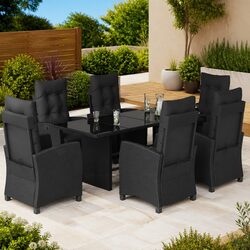 Outdoor Garden Dining Set 7 Piece with Cushions Black Poly Rattan Patio