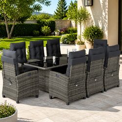 Outdoor Garden Dining Set 9 Pieces Grey Poly Rattan Table Chairs Cushions Patio