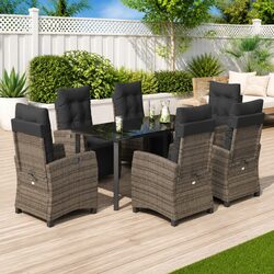 Garden Dining Set 7 Piece Outdoor Furniture Grey Poly Rattan Cushioned Seats