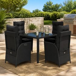 5 Piece Outdoor Garden Dining Set Black Poly Rattan Table Chairs Cushions Patio