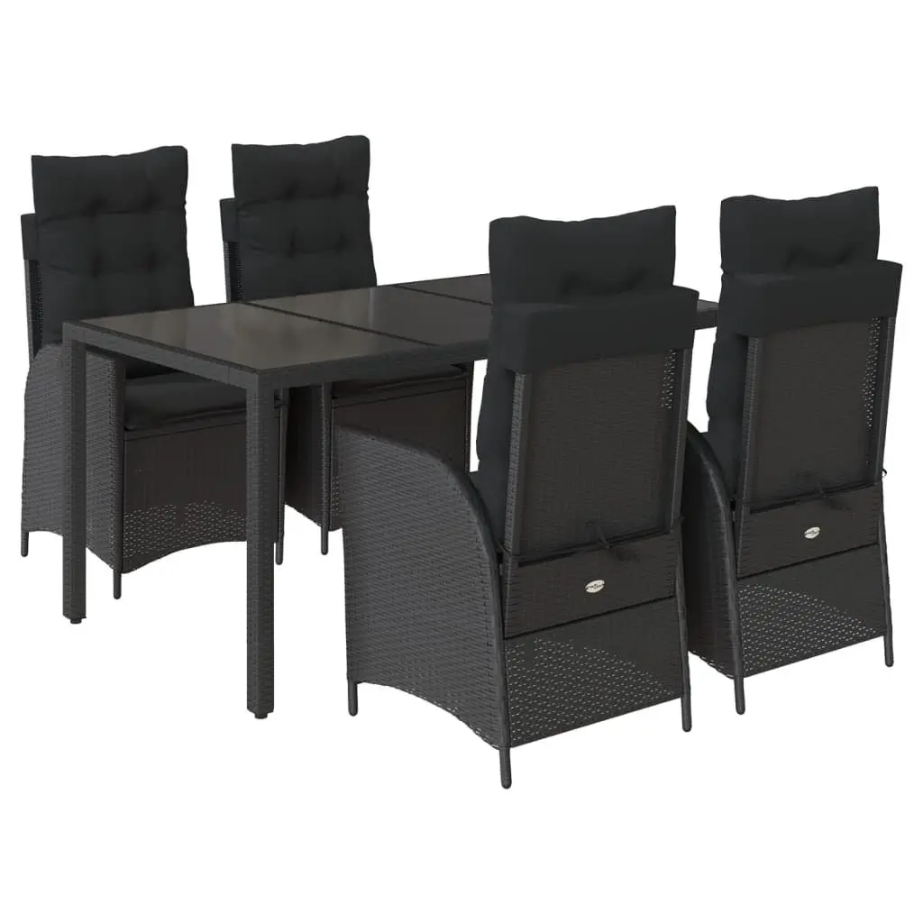 Garden Dining Set 5 Piece Outdoor Furniture Black PE Rattan Table with Tempered Glass Top and Cushioned Chairs