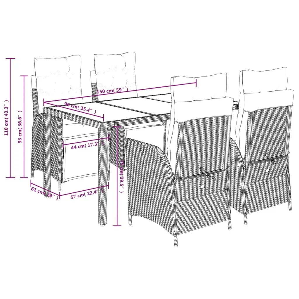Garden Dining Set 5 Piece Outdoor Furniture Black PE Rattan Table with Tempered Glass Top and Cushioned Chairs