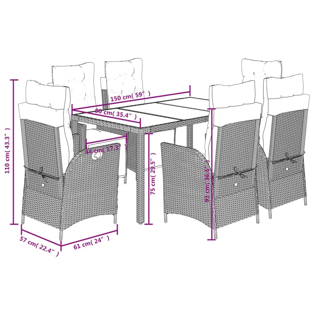 7 Piece Outdoor Dining Set Black Poly Rattan Garden Furniture with Cushions