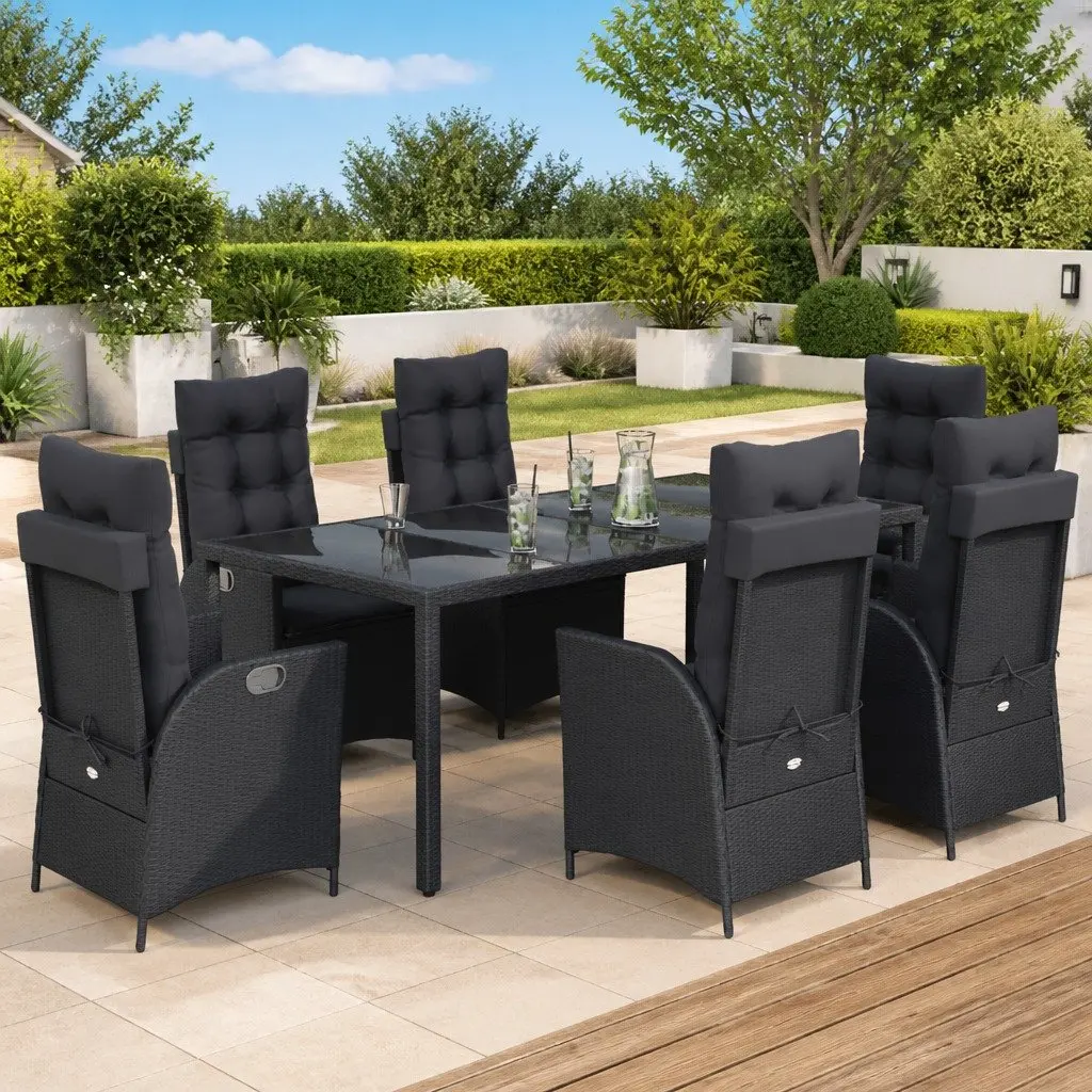 7 Piece Garden Dining Set Outdoor Furniture Black Poly Rattan with Cushions