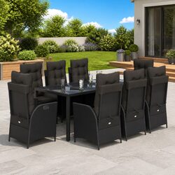 9 Piece Outdoor Garden Dining Set Poly Rattan Black Chairs Table Cushions Patio