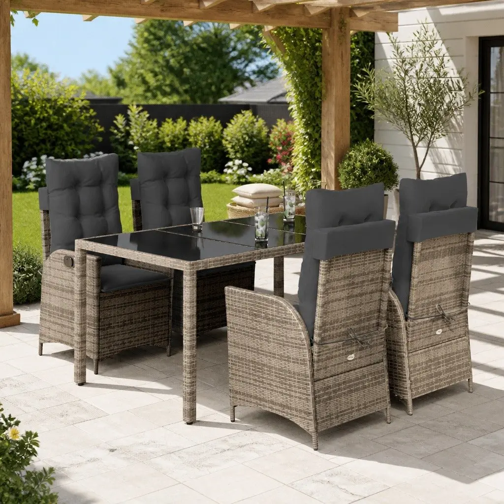 Garden Dining Set 5 Piece Outdoor Furniture Grey Poly Rattan with Adjustable Backrest and Thick Cushions