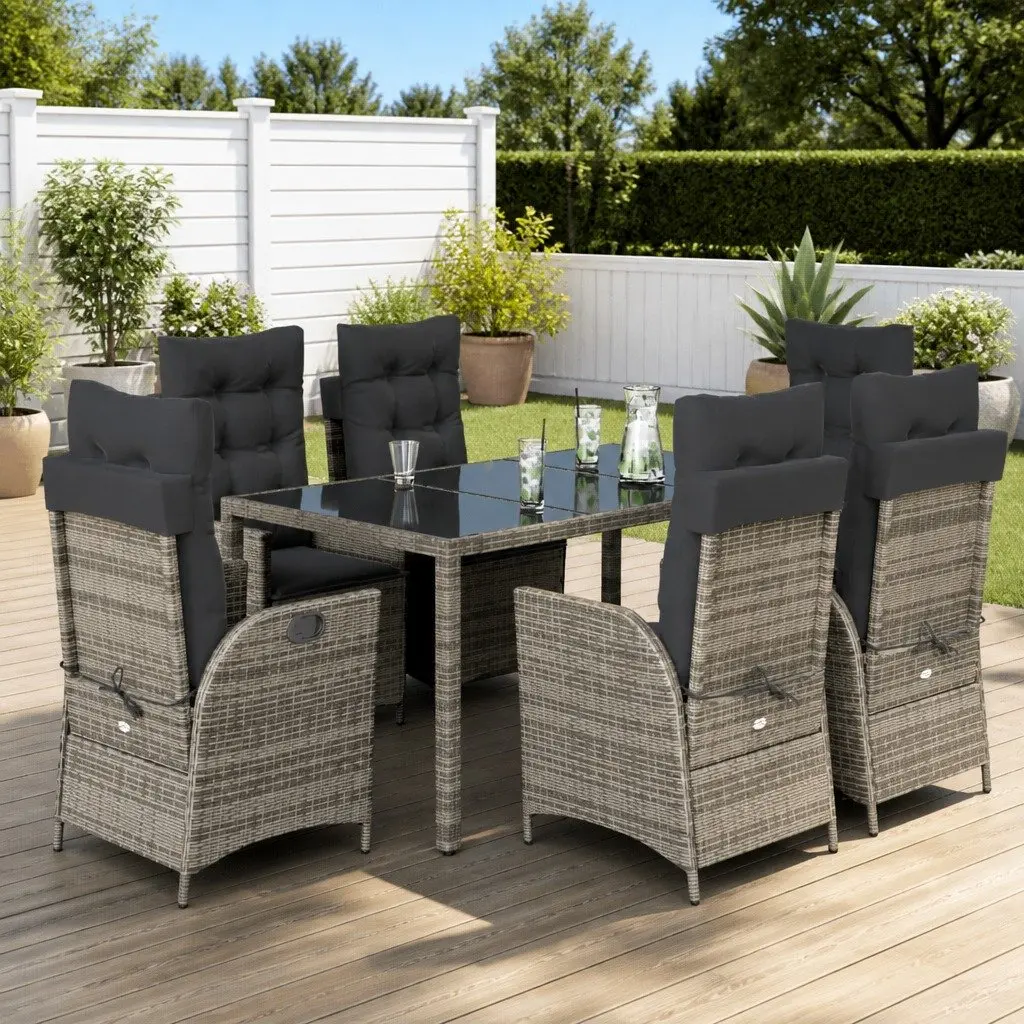 7 Piece Outdoor Dining Set Grey Poly Rattan Garden Patio Furniture with Cushions