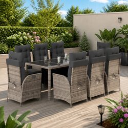 Garden Dining Set 9 Piece Outdoor Furniture Grey Poly Rattan with Cushions