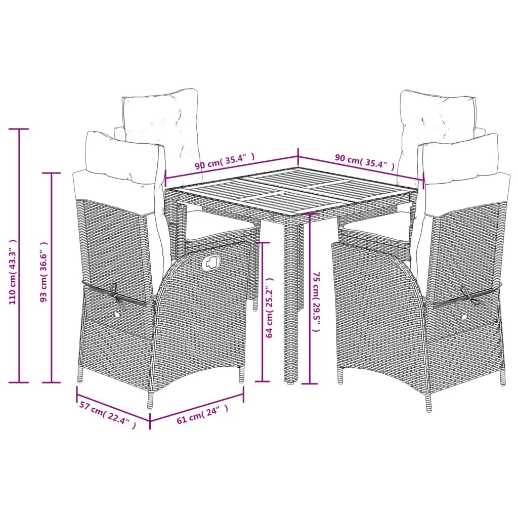 5 Piece Garden Dining Set Outdoor Furniture Black PE Rattan Chairs Table Patio