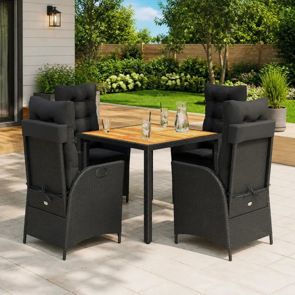 Garden Dining Set 5 Piece Outdoor Furniture Black Poly Rattan with Cushions