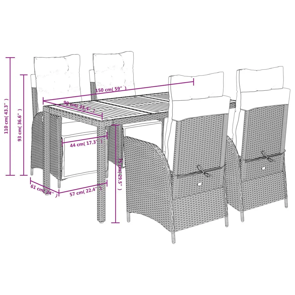 5 Piece Outdoor Dining Set Grey Poly Rattan Garden Furniture with Cushions Patio