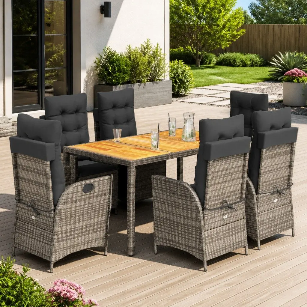 7 Piece Garden Dining Set Outdoor Furniture Patio Table Chairs Grey Poly Rattan