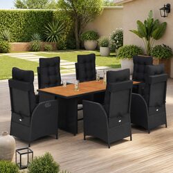 7 Piece Garden Dining Set Outdoor Furniture Black Poly Rattan Seats Table Patio