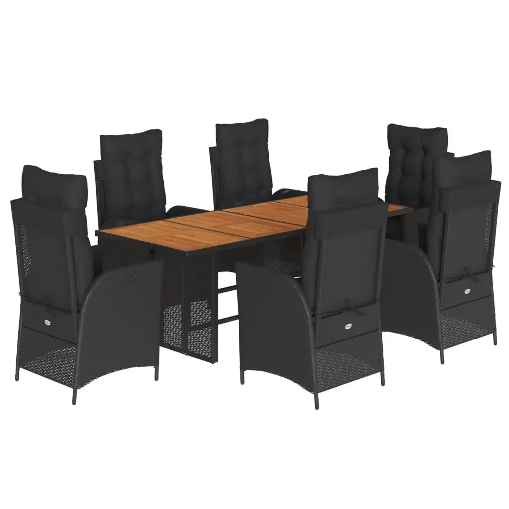 7 Piece Garden Dining Set Outdoor Furniture Poly Rattan Black Acacia Wood Table Padded Cushions