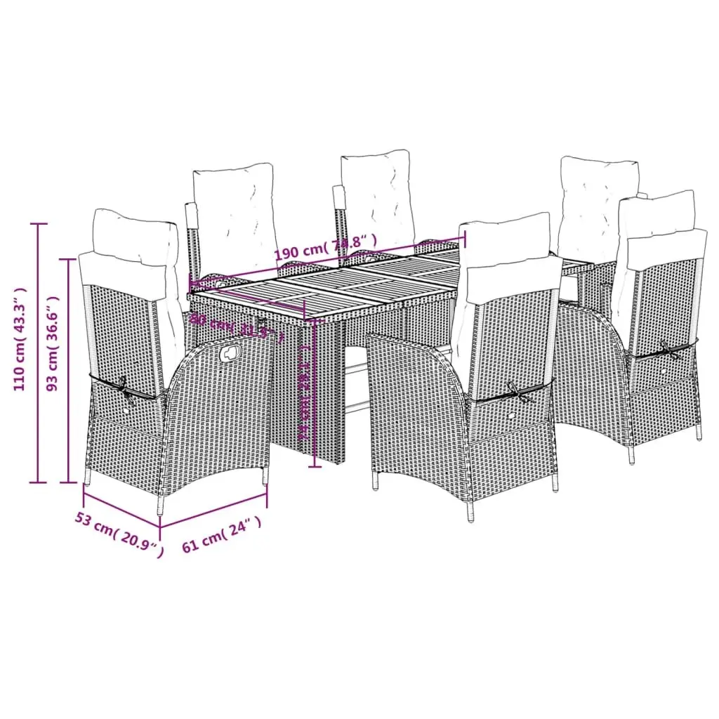 7 Piece Garden Dining Set Outdoor Furniture Poly Rattan Black Acacia Wood Table Padded Cushions