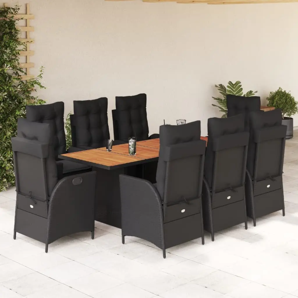 9 Piece Outdoor Dining Set with Cushions Black Poly Rattan Garden Patio