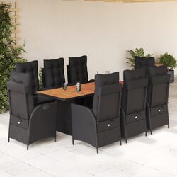 9 Piece Outdoor Dining Set with Cushions Black Poly Rattan Garden Patio