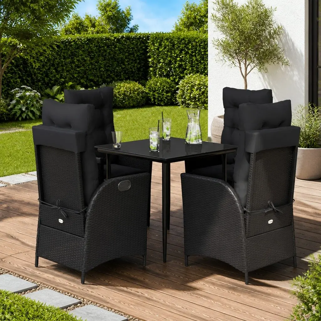 5 Piece Outdoor Dining Set Black Poly Rattan Garden Furniture with Cushions