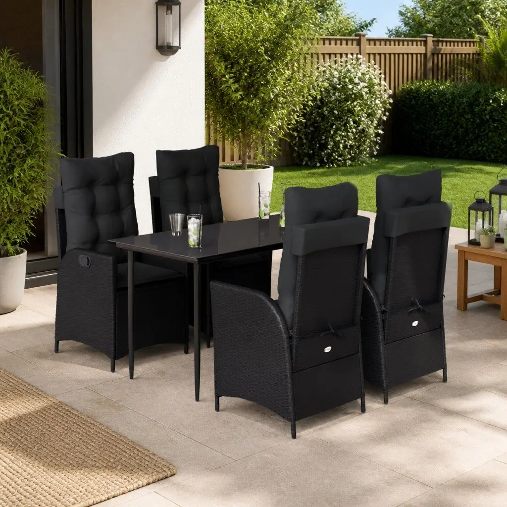 5 Piece Garden Dining Set Outdoor Furniture Black Poly Rattan Chair Table Patio