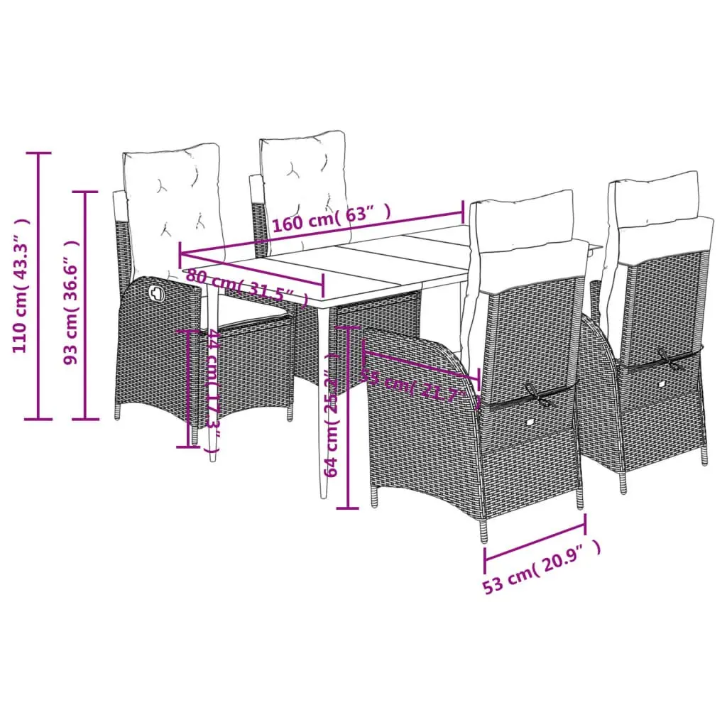 Garden Dining Set 5 Piece Outdoor Furniture Black Poly Rattan Cushions Patio