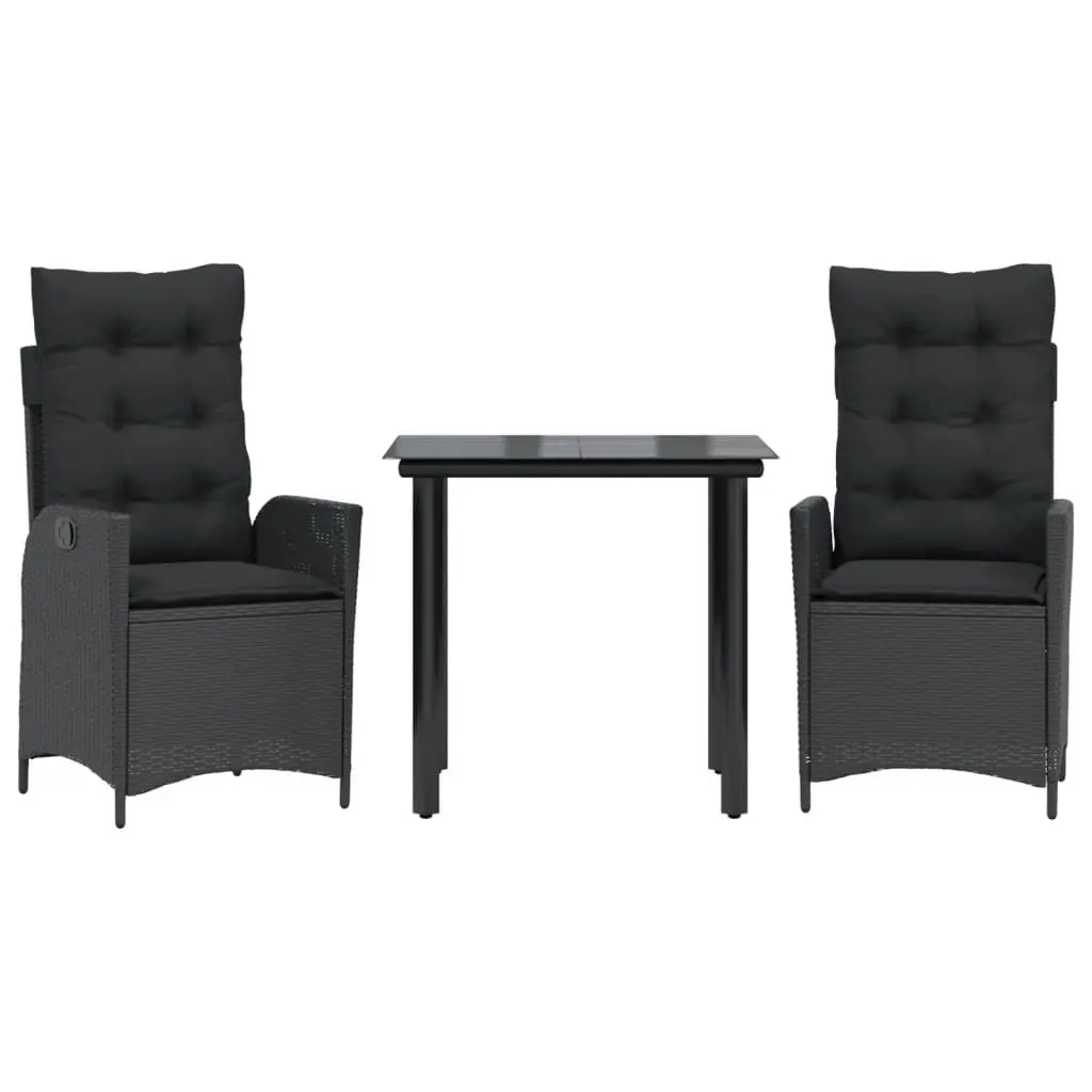3 Piece Outdoor Dining Set Black Poly Rattan Table and Chairs with Cushions