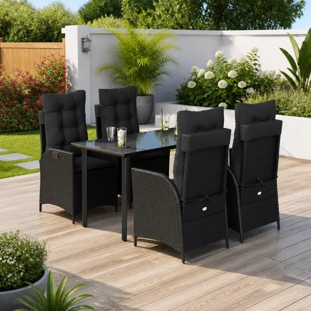Garden Dining Set 5 Piece Outdoor Furniture Black Poly Rattan with Cushions