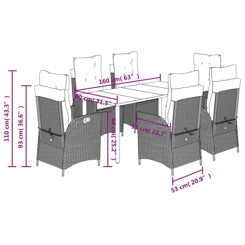 7 Piece Outdoor Dining Set Garden Patio Furniture with Cushions Black Poly