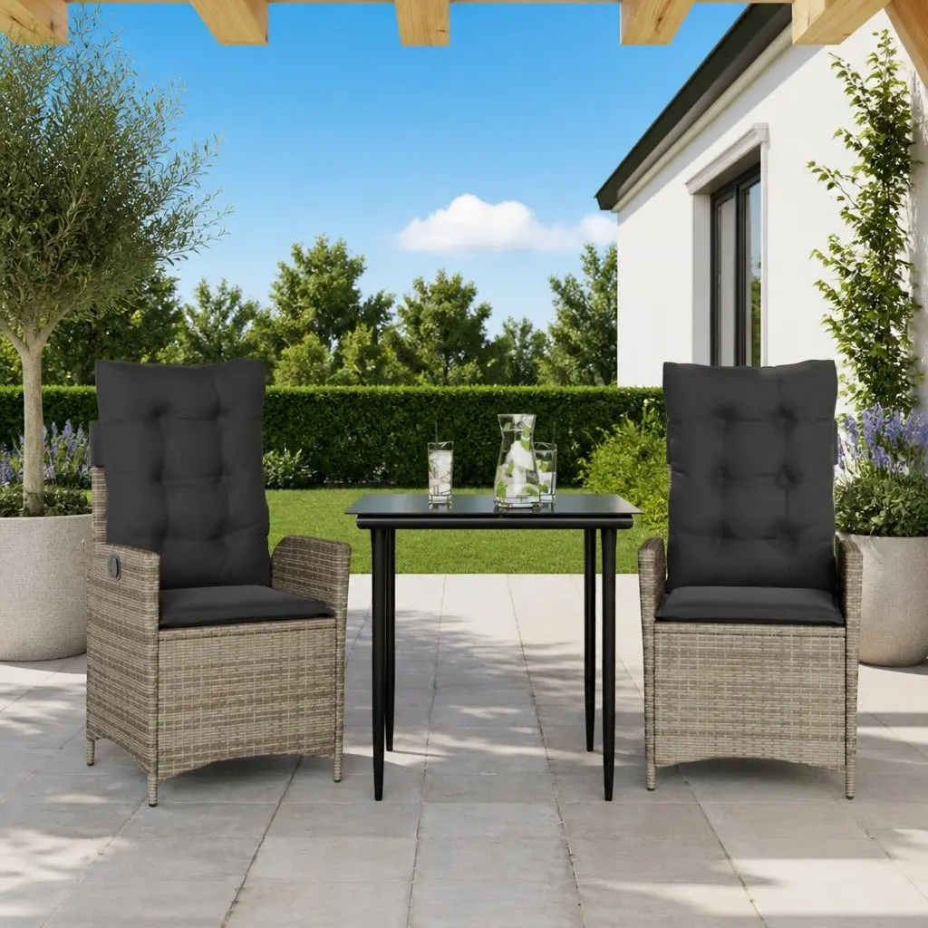 Garden Dining Set 3 Piece Grey PE Rattan Outdoor Furniture with Cushions