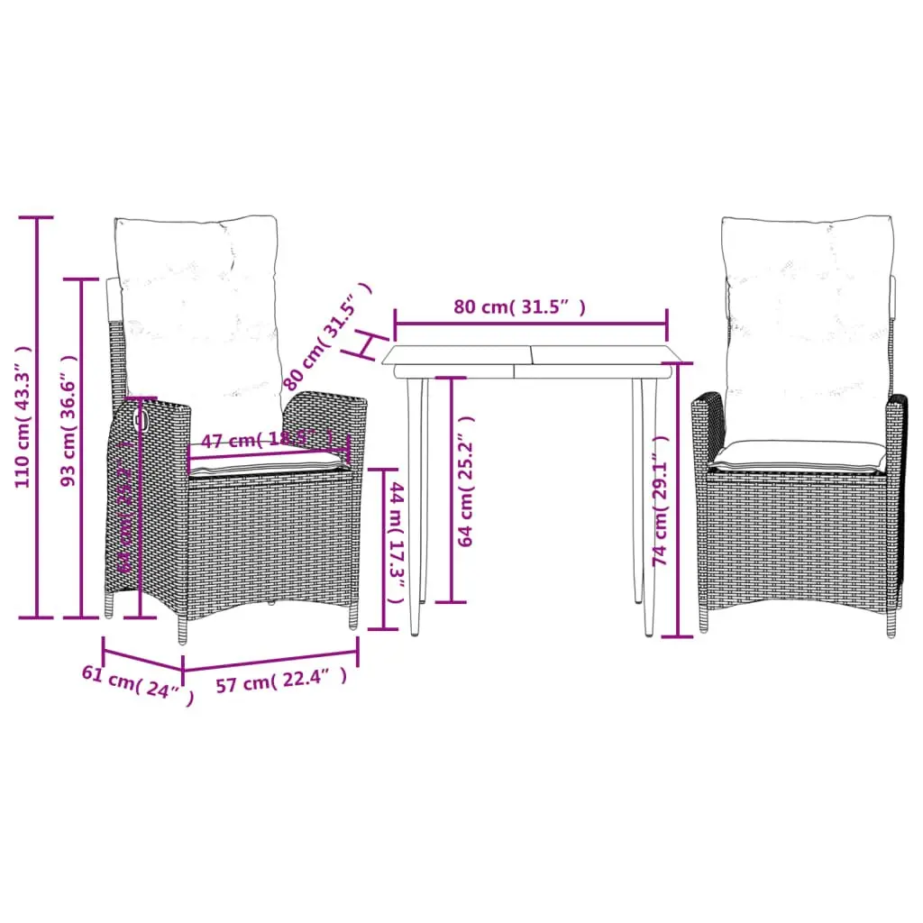 Garden Dining Set 3 Piece Grey PE Rattan Outdoor Furniture with Cushions